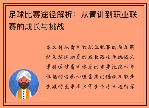 足球比赛途径解析：从青训到职业联赛的成长与挑战