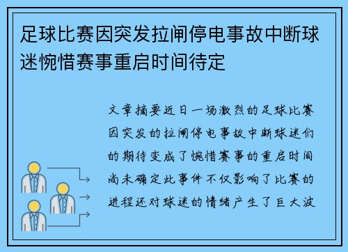 足球比赛因突发拉闸停电事故中断球迷惋惜赛事重启时间待定