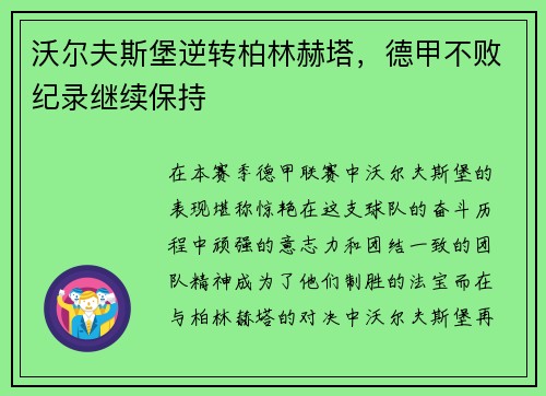 沃尔夫斯堡逆转柏林赫塔，德甲不败纪录继续保持