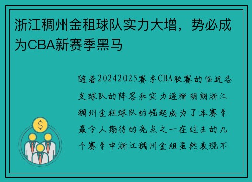 浙江稠州金租球队实力大增，势必成为CBA新赛季黑马